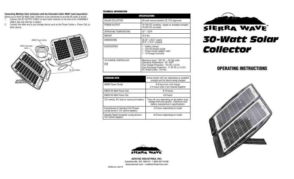Watt solar collector, Operating instructions | Aervoe 30-Watt Solar Collector User Manual | Page 2 / 2