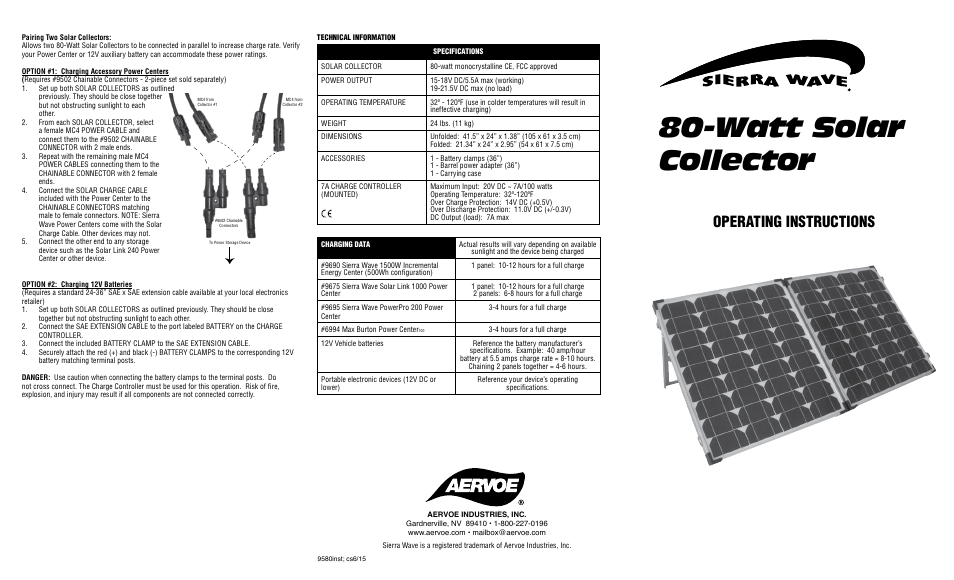 Watt solar collector, Operating instructions | Aervoe 80-Watt Solar Collector User Manual | Page 2 / 2