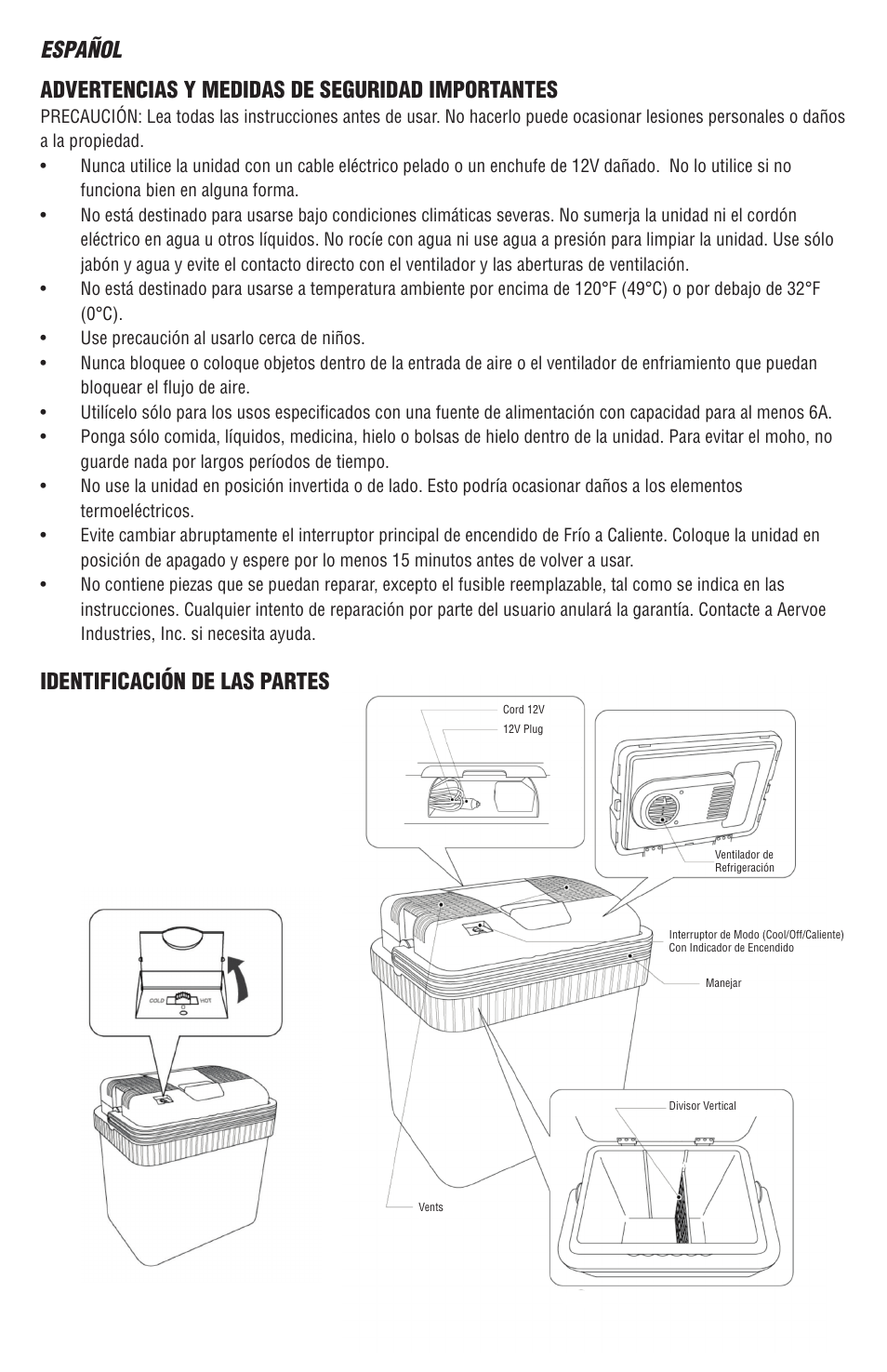 Advertencias y medidas de seguridad importantes, Identificación de las partes español | Aervoe Thermoelectric Cooler User Manual | Page 10 / 16
