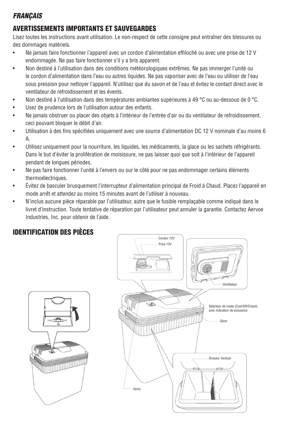 Avertissements importants et sauvegardes, Identification des pièces, Français | Aervoe Thermoelectric Cooler User Manual | Page 6 / 16