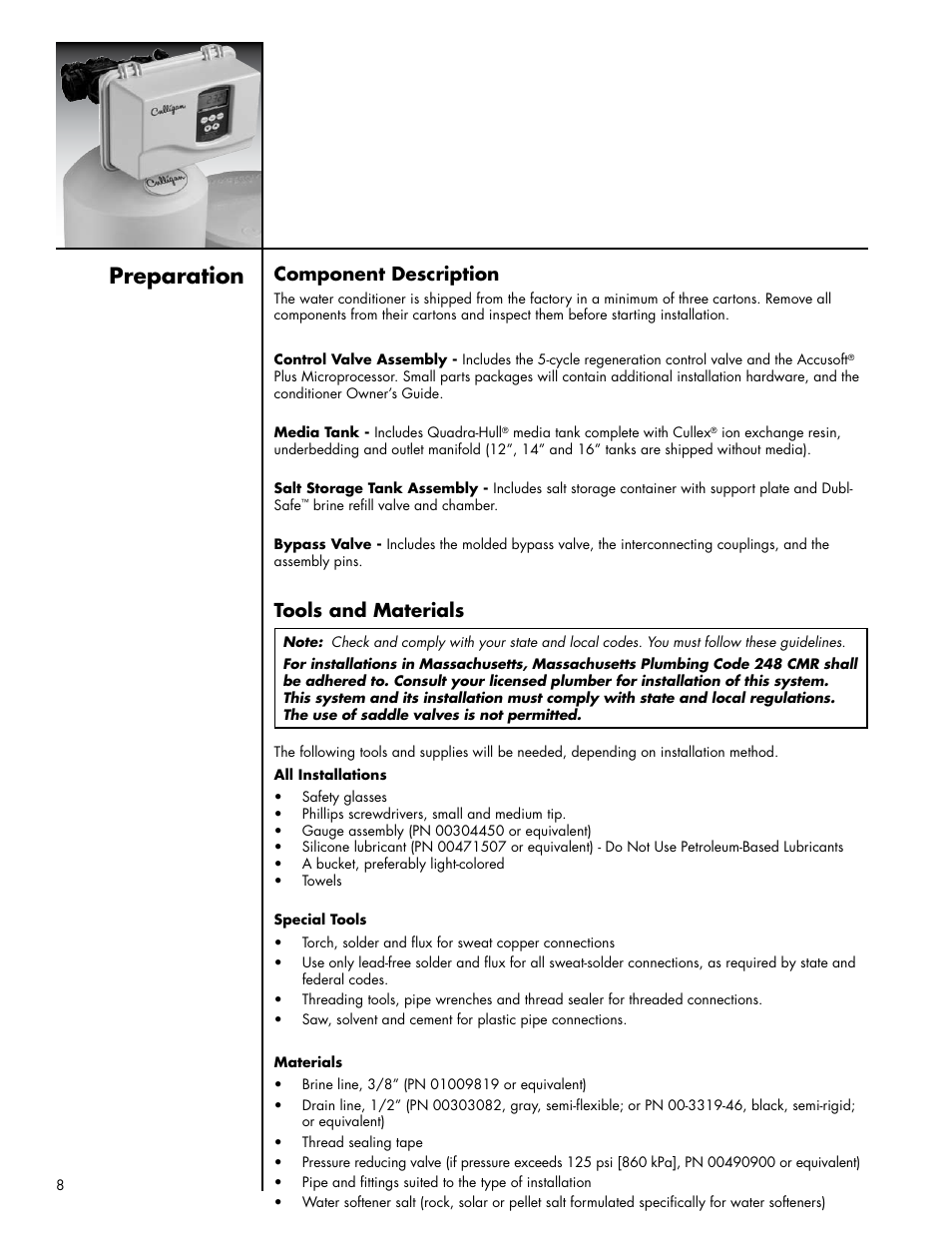 Preparation, Component description, Tools and materials | Culligan Platinum Plus Series User Manual | Page 12 / 60