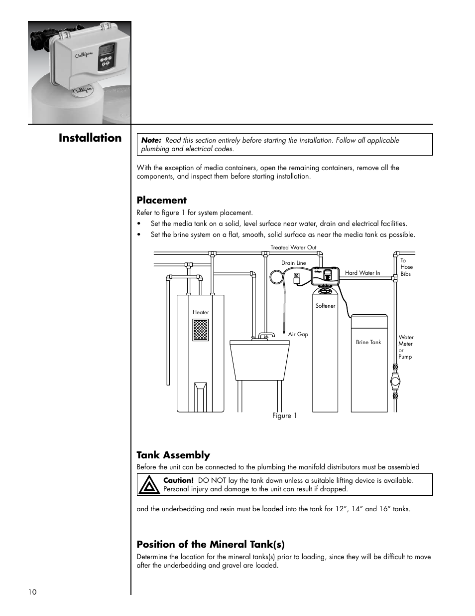 Installation, Placement, Tank assembly | Position of the mineral tank(s) | Culligan Platinum Plus Series User Manual | Page 14 / 60