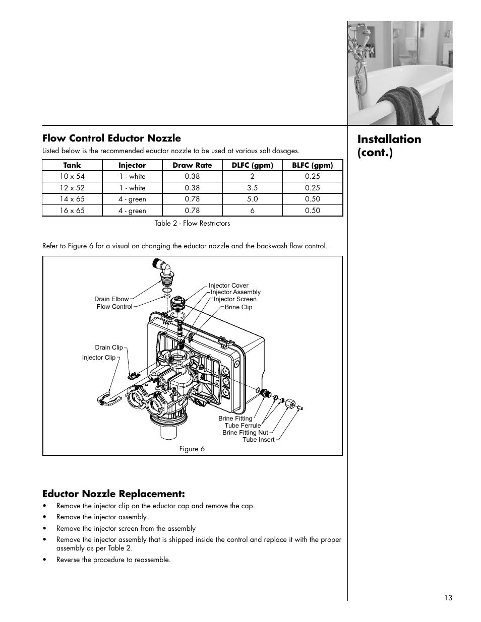 Installation (cont.), Flow control eductor nozzle, Eductor nozzle replacement | Culligan Platinum Plus Series User Manual | Page 17 / 60