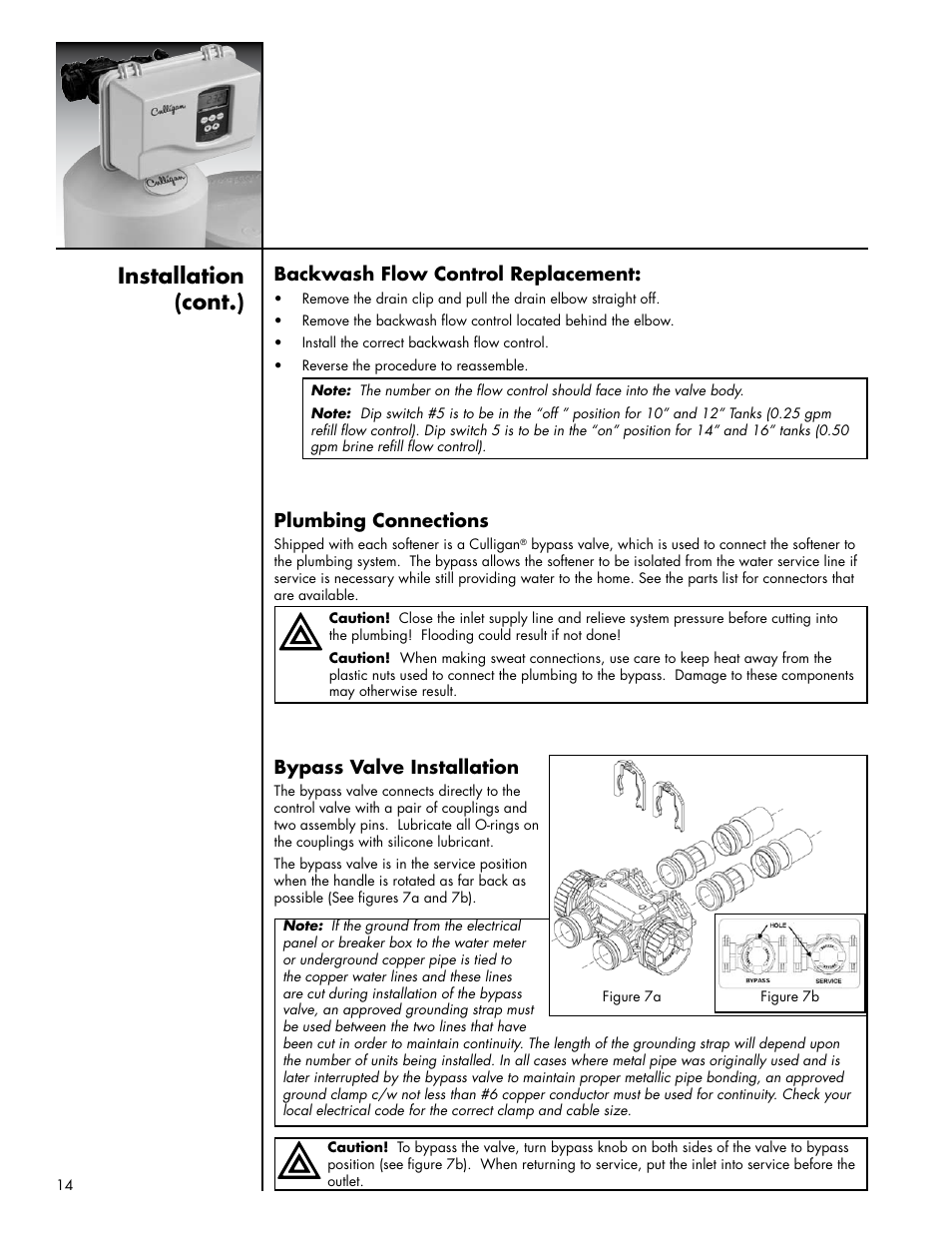 Installation (cont.), Backwash flow control replacement, Plumbing connections | Bypass valve installation | Culligan Platinum Plus Series User Manual | Page 18 / 60