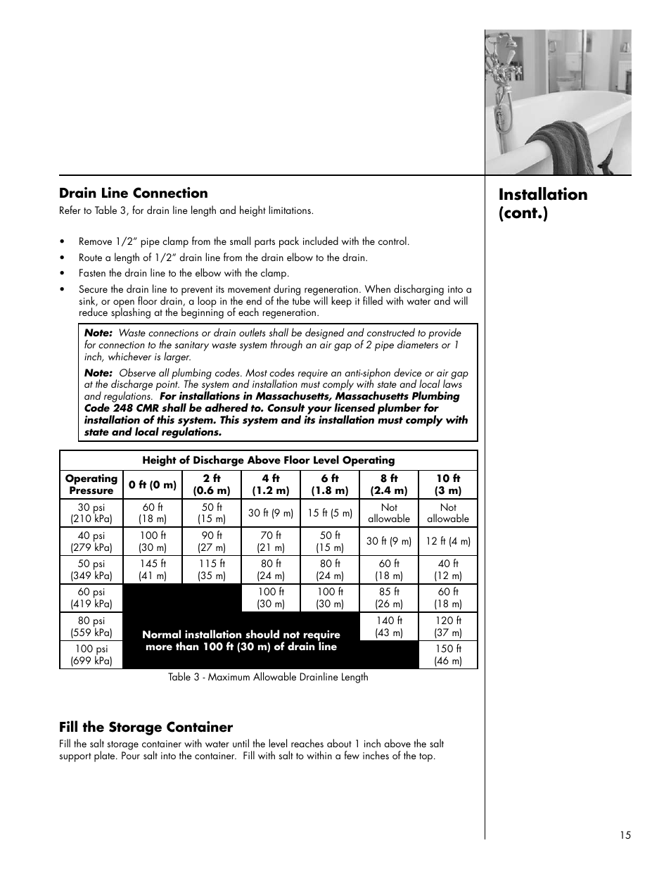 Installation (cont.), Drain line connection, Fill the storage container | Culligan Platinum Plus Series User Manual | Page 19 / 60