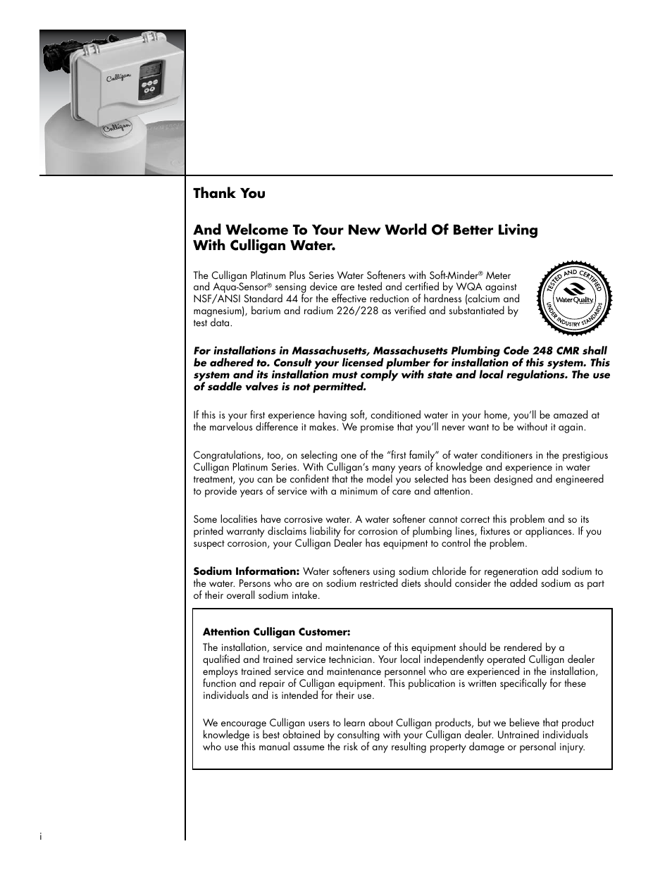 Culligan Platinum Plus Series User Manual | Page 2 / 60