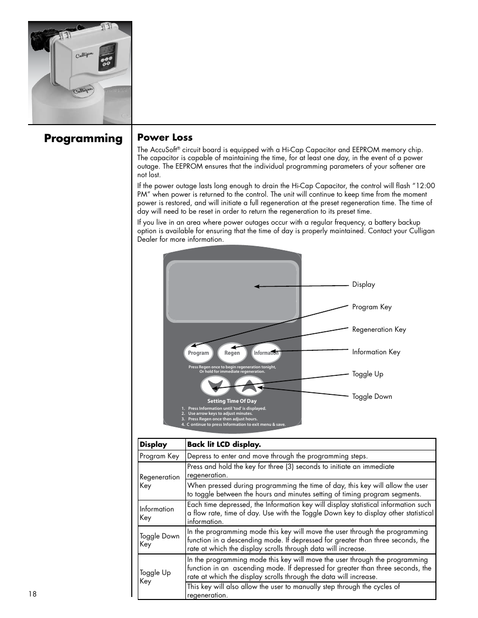 Programming, Power loss | Culligan Platinum Plus Series User Manual | Page 22 / 60