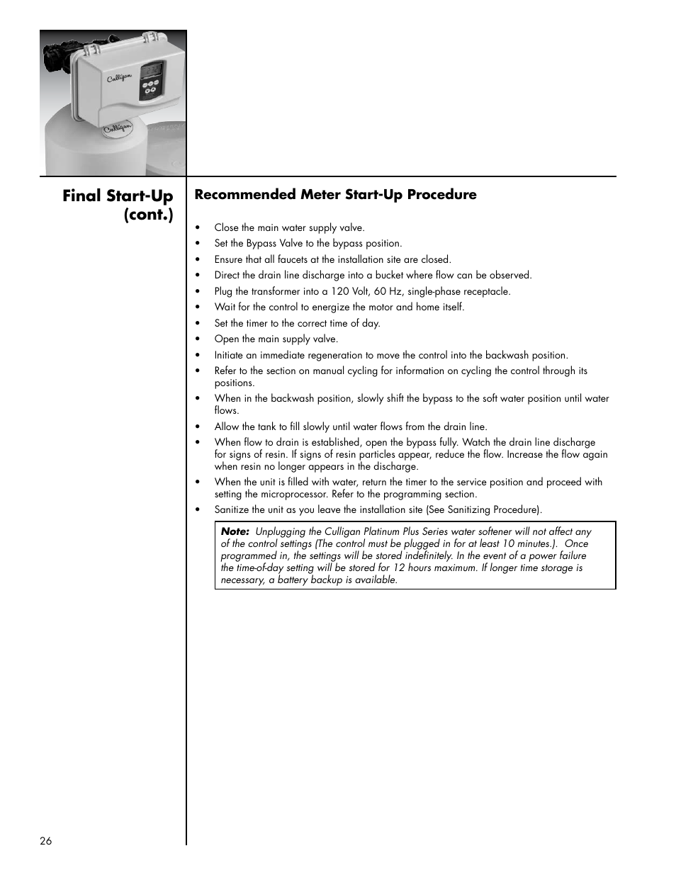 Final start-up (cont.) | Culligan Platinum Plus Series User Manual | Page 30 / 60