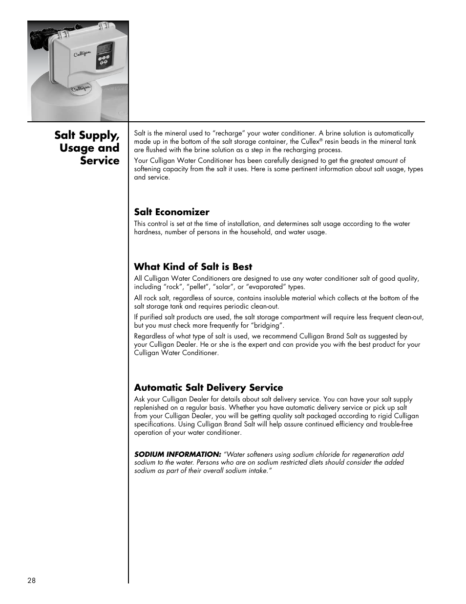 Salt supply, usage and service | Culligan Platinum Plus Series User Manual | Page 32 / 60