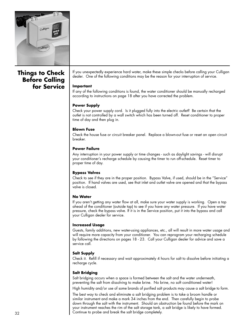 Things to check before calling for service | Culligan Platinum Plus Series User Manual | Page 36 / 60