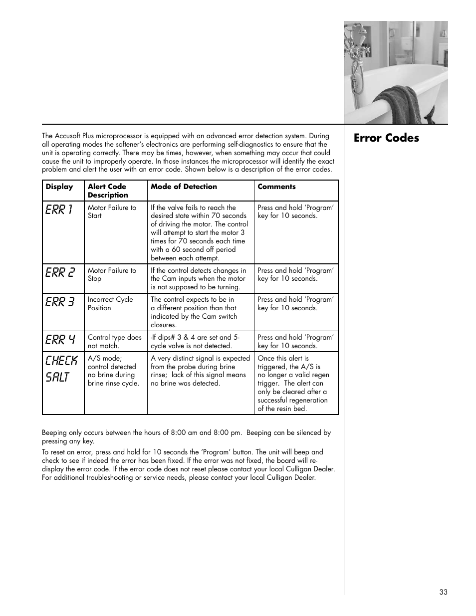 Err 1, Err 2, Err 3 | Err 4, Check salt, Error codes | Culligan Platinum Plus Series User Manual | Page 37 / 60