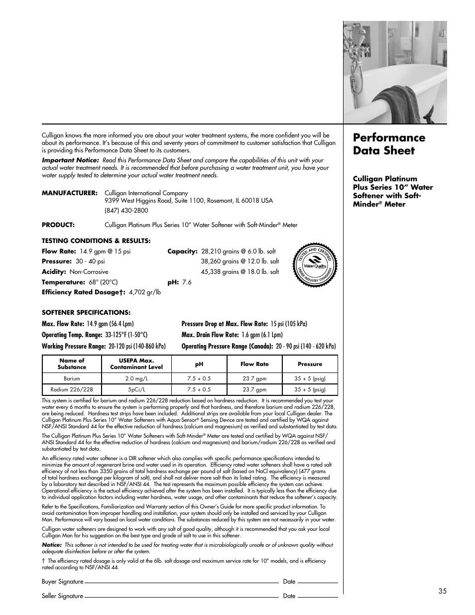 Performance data sheet | Culligan Platinum Plus Series User Manual | Page 39 / 60
