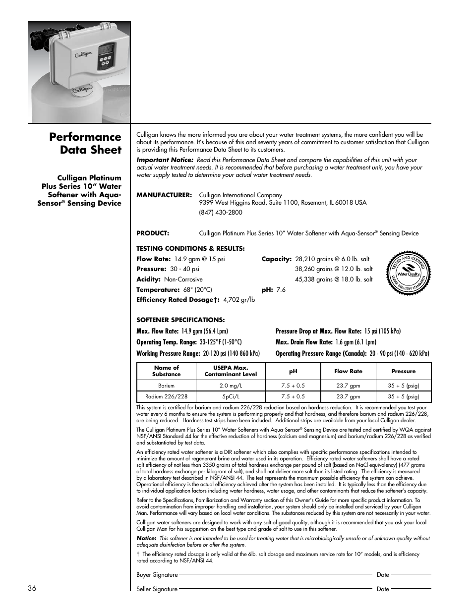 Performance data sheet | Culligan Platinum Plus Series User Manual | Page 40 / 60