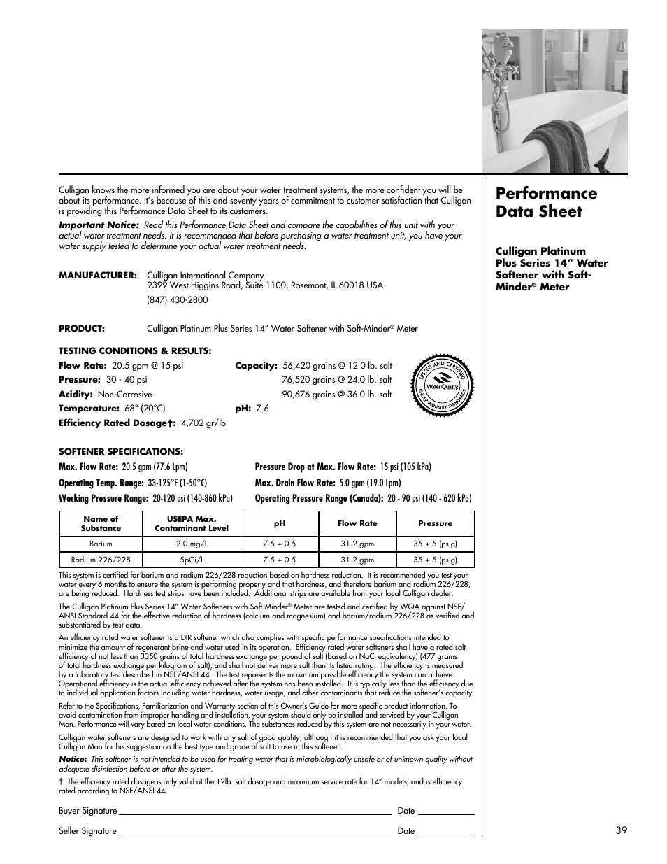 Performance data sheet | Culligan Platinum Plus Series User Manual | Page 43 / 60