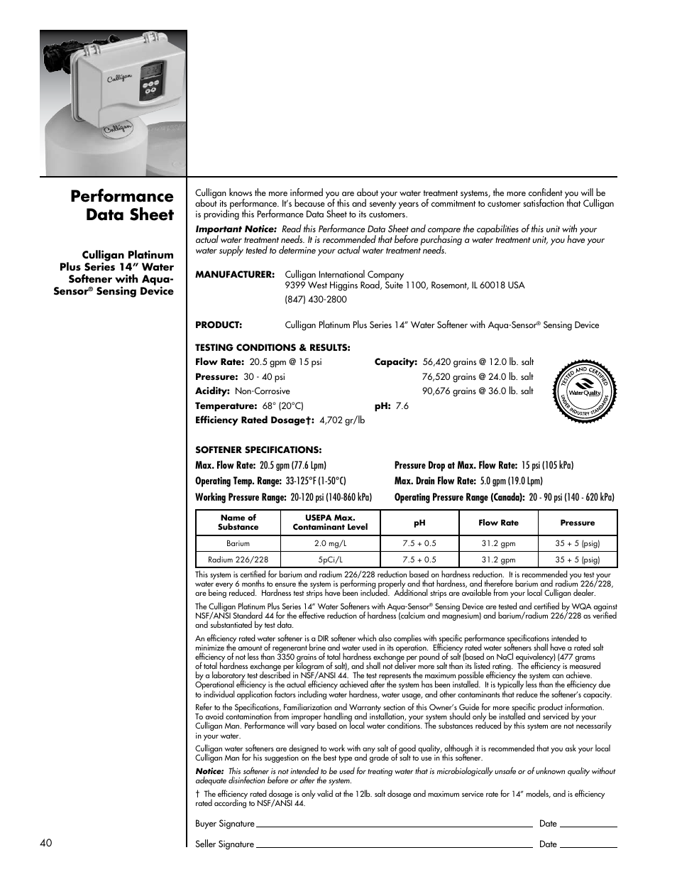 Performance data sheet | Culligan Platinum Plus Series User Manual | Page 44 / 60