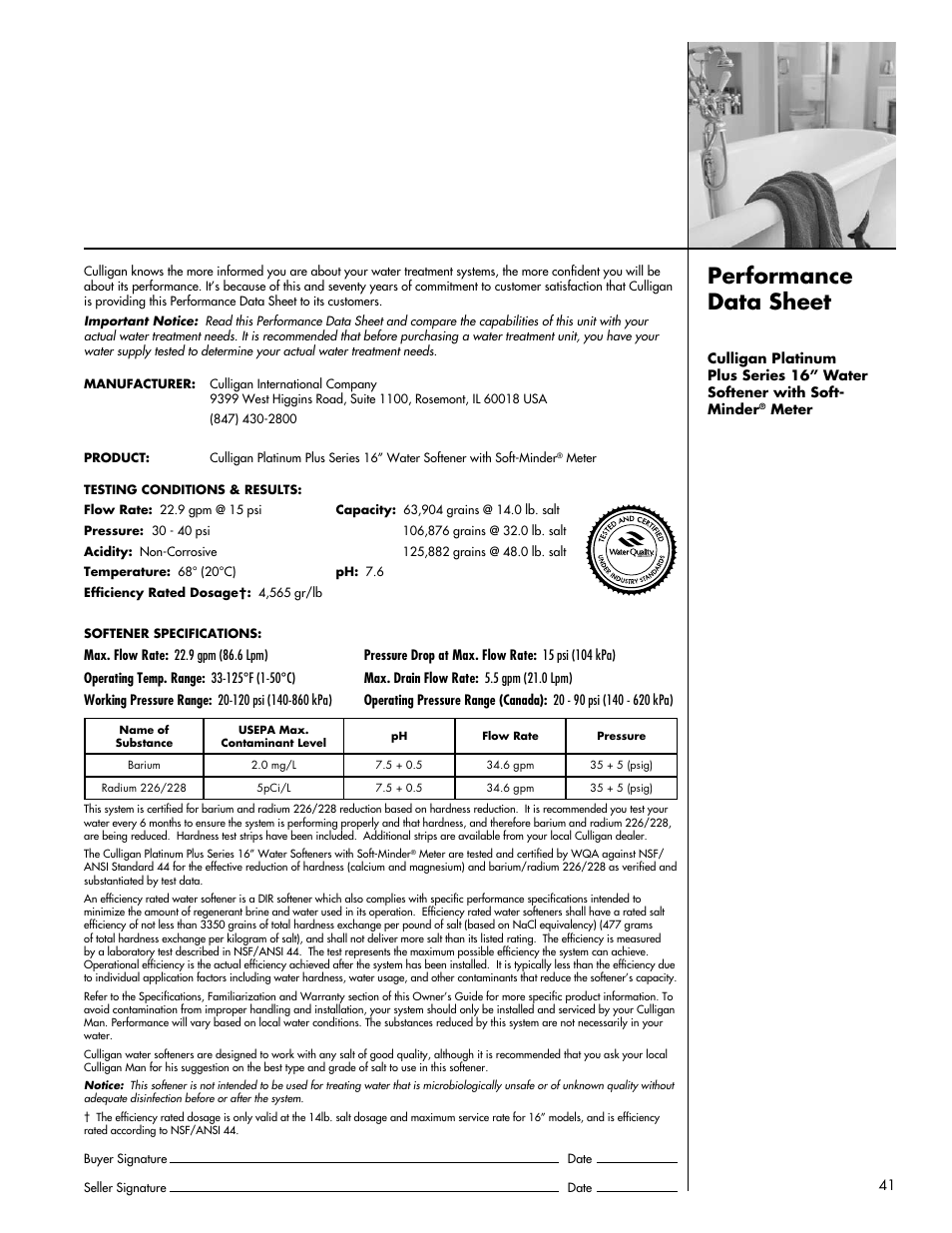 Performance data sheet | Culligan Platinum Plus Series User Manual | Page 45 / 60