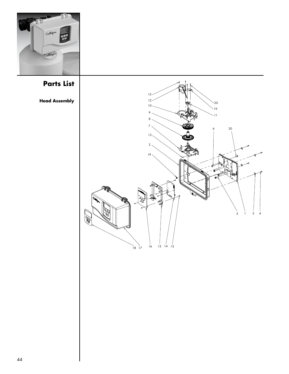 Parts list, Head assembly | Culligan Platinum Plus Series User Manual | Page 48 / 60