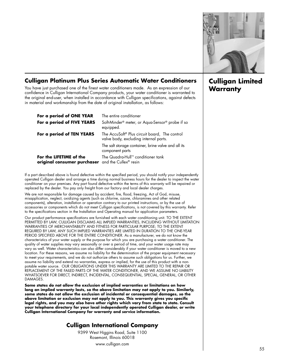 Culligan limited warranty, Culligan international company | Culligan Platinum Plus Series User Manual | Page 59 / 60