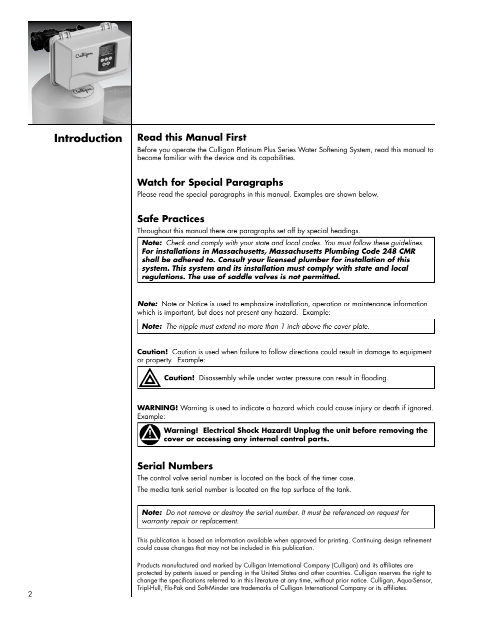 Introduction, Read this manual first, Watch for special paragraphs | Safe practices, Serial numbers | Culligan Platinum Plus Series User Manual | Page 6 / 60