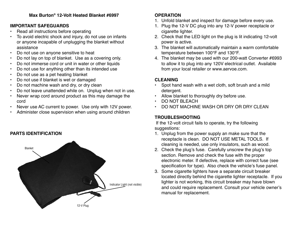 Aervoe 12-Volt Heated Blanket User Manual | 2 pages