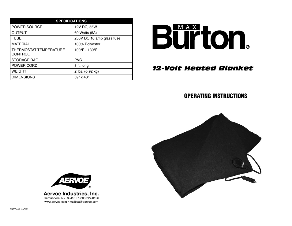 Volt heated blanket, Operating instructions, Aervoe industries, inc | Aervoe 12-Volt Heated Blanket User Manual | Page 2 / 2