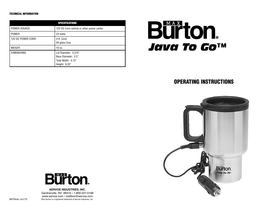 Java to go, Operating instructions | Aervoe Java To Go User Manual | Page 2 / 2