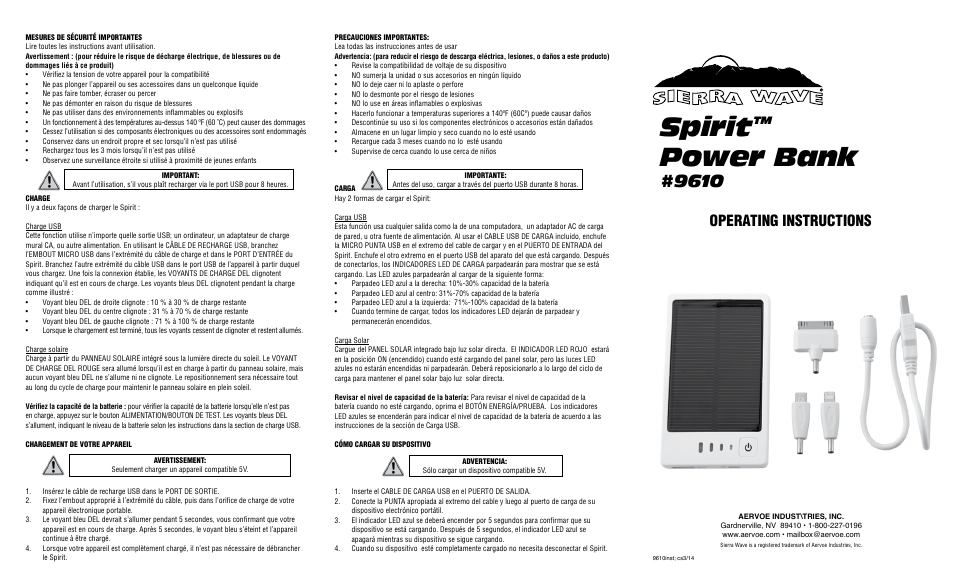 Spirit, Power bank, Operating instructions | Aervoe Spirit Power Bank User Manual | Page 2 / 2