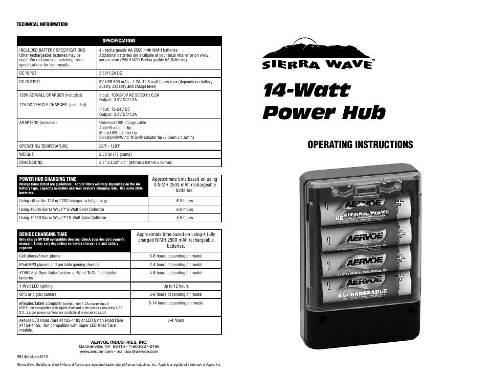 Watt power hub, Operating instructions | Aervoe 14-Watt Power Hub User Manual | Page 2 / 2