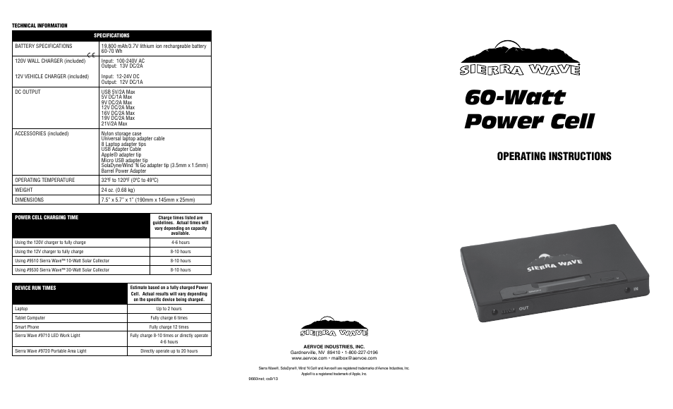 Watt power cell, Operating instructions | Aervoe 60-Watt Power Cell User Manual | Page 2 / 2