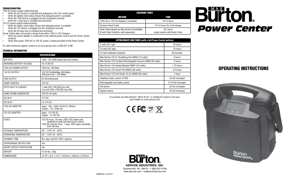 Power center, Operating instructions, Aervoe industries, inc | Aervoe Power Center 100 User Manual | Page 2 / 2