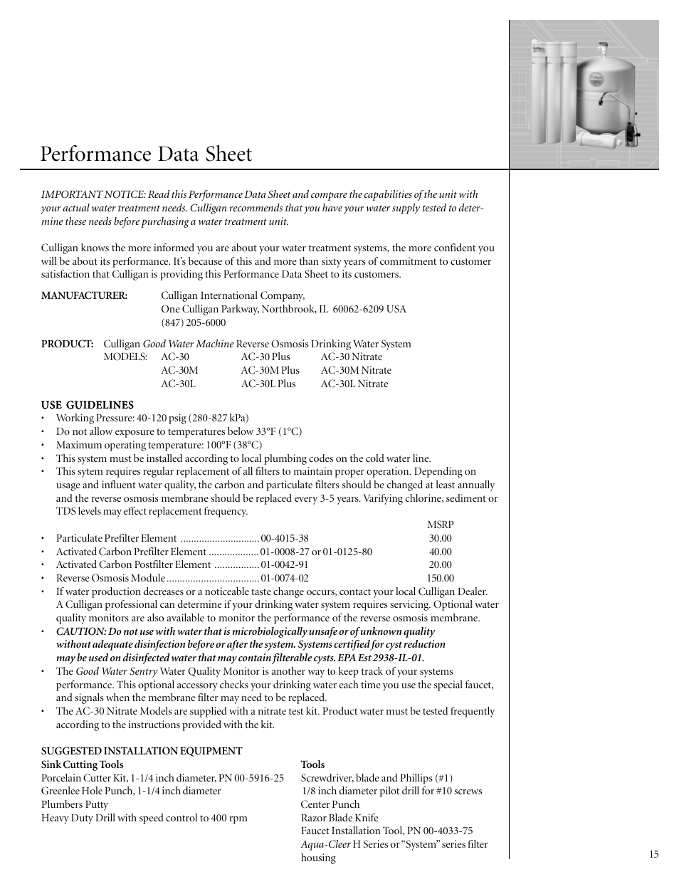 Performance data sheet | Culligan GoodWater Machine DrinkingWater System User Manual | Page 17 / 21