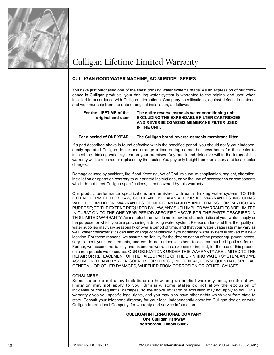 Culligan lifetime limited warranty | Culligan GoodWater Machine DrinkingWater System User Manual | Page 20 / 21