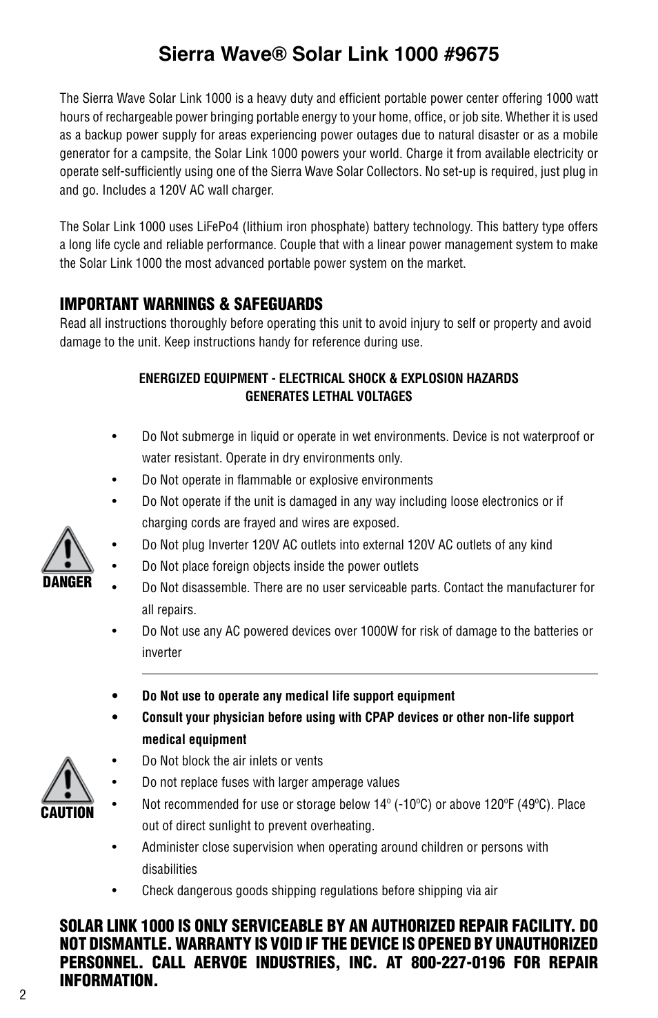 Important warnings & safeguards | Aervoe Solar Link 1000 User Manual | Page 2 / 12