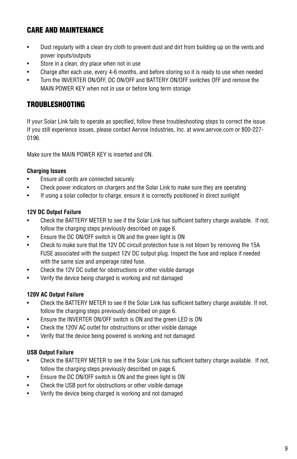 Care and maintenance, Troubleshooting | Aervoe Solar Link 1000 User Manual | Page 9 / 12