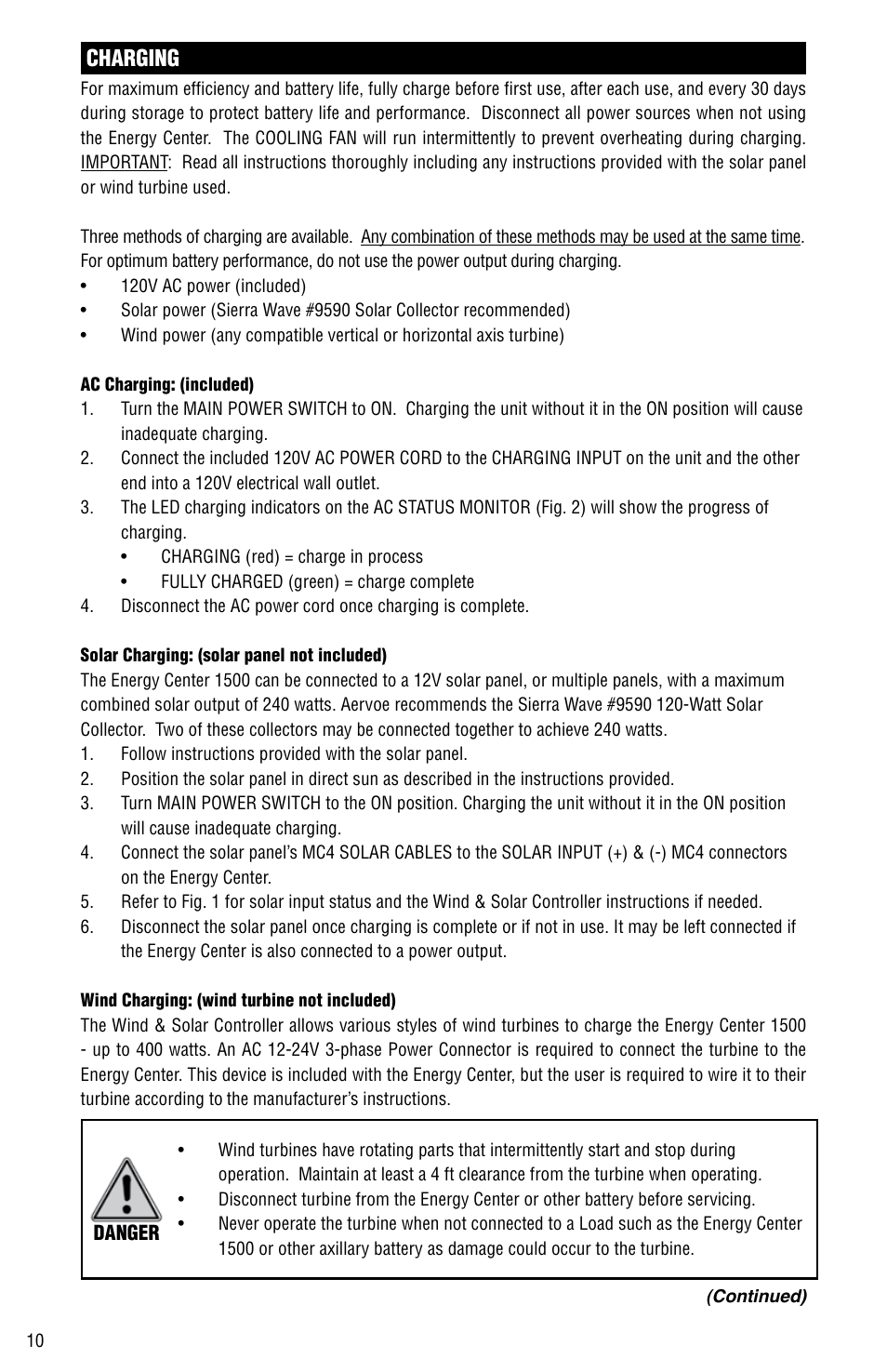 Charging | Aervoe 1500-Watt Energy Center User Manual | Page 10 / 16