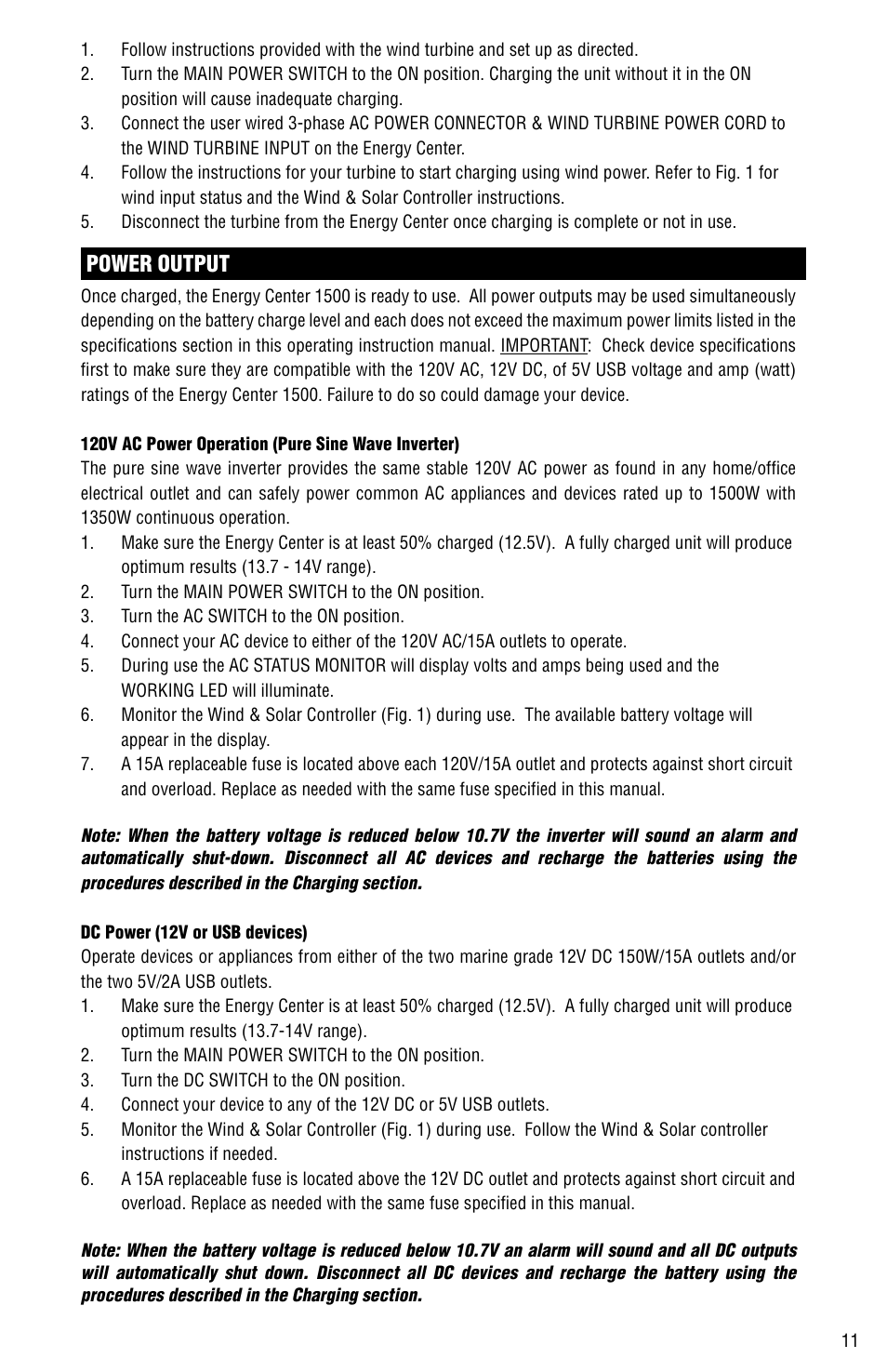 Power output | Aervoe 1500-Watt Energy Center User Manual | Page 11 / 16