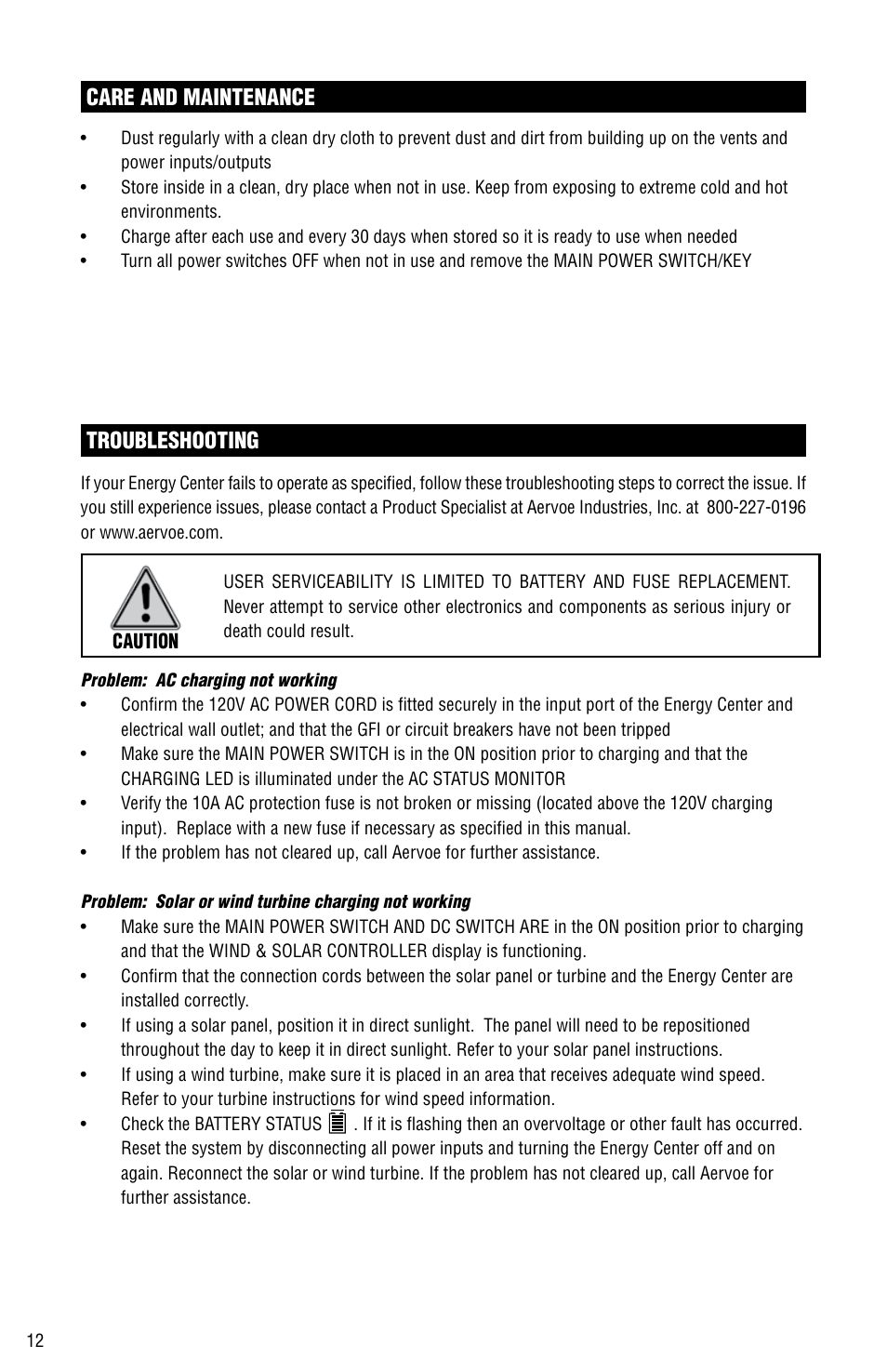 Care and maintenance troubleshooting | Aervoe 1500-Watt Energy Center User Manual | Page 12 / 16