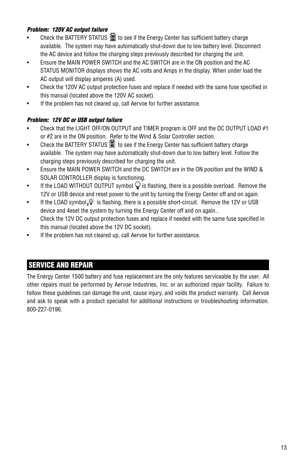 Service and repair | Aervoe 1500-Watt Energy Center User Manual | Page 13 / 16