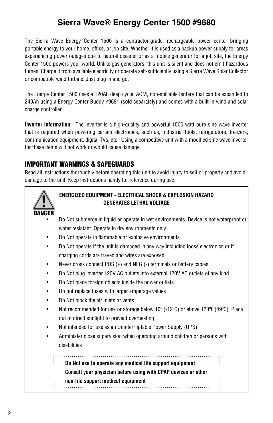 Important warnings & safeguards | Aervoe 1500-Watt Energy Center User Manual | Page 2 / 16