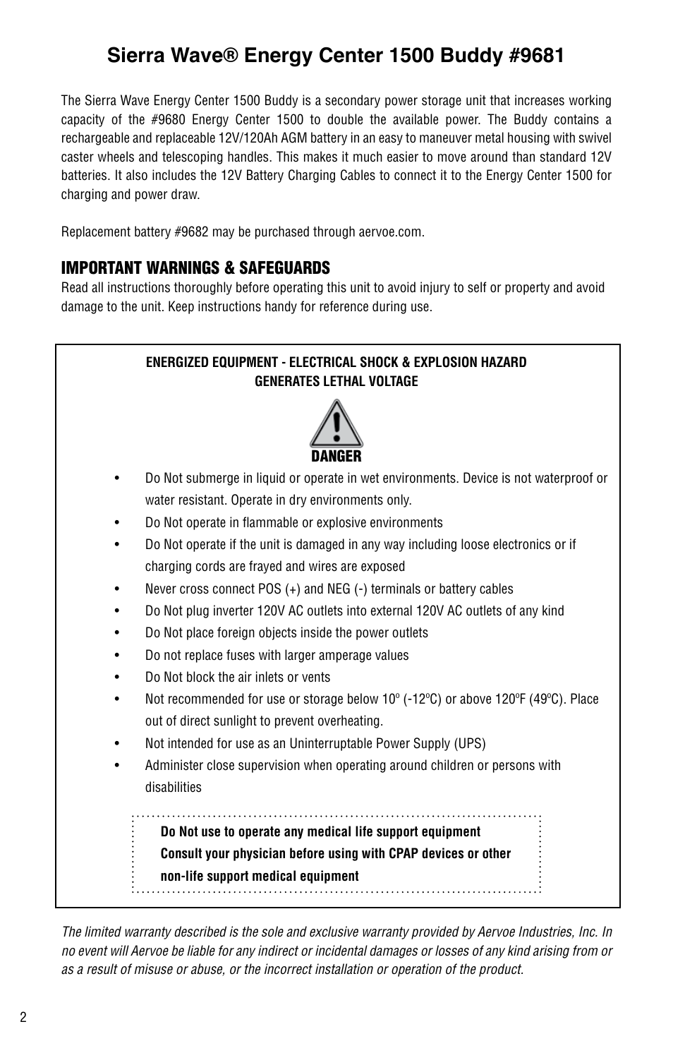 Important warnings & safeguards | Aervoe 1500-Watt Energy Center Buddy User Manual | Page 2 / 8