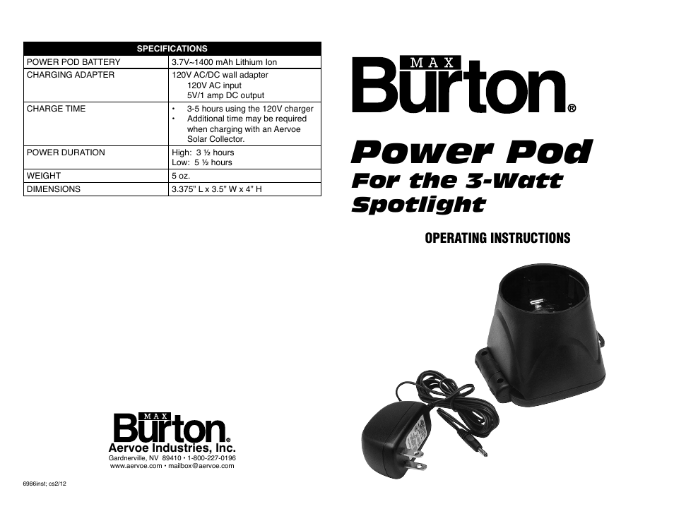 Power pod, For the 3-watt spotlight, Operating instructions | Aervoe Power Pod User Manual | Page 2 / 2