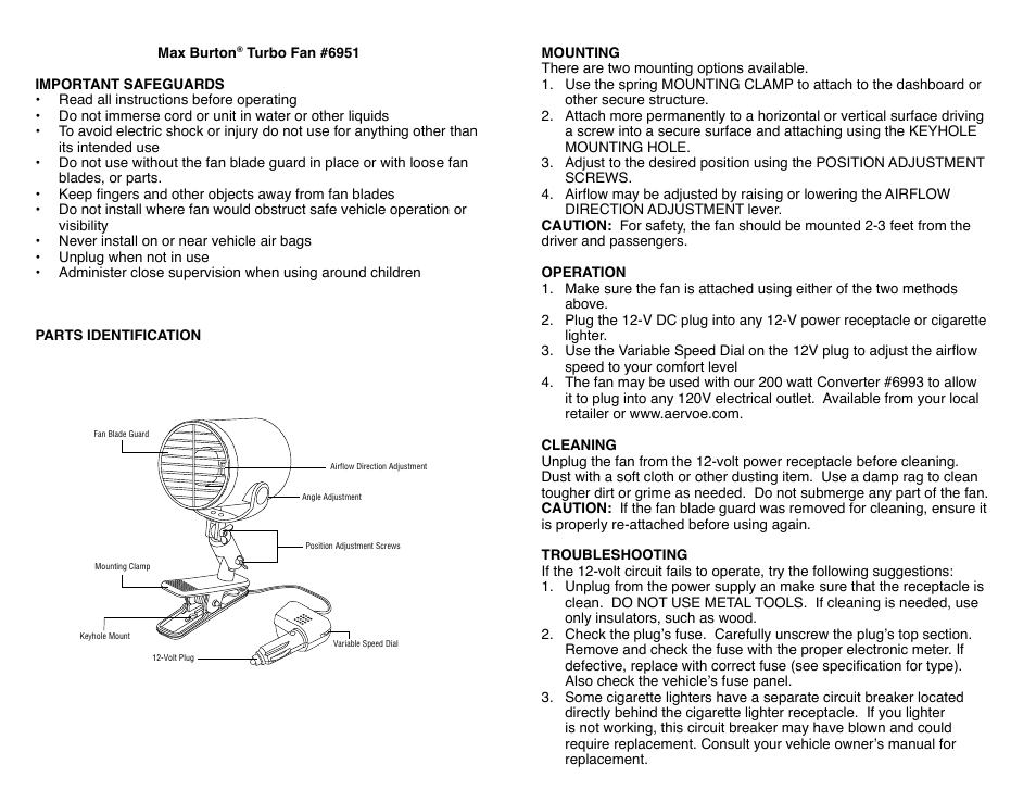 Aervoe Turbo Fan User Manual | 2 pages