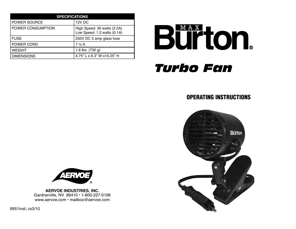 Turbo fan, Operating instructions | Aervoe Turbo Fan User Manual | Page 2 / 2
