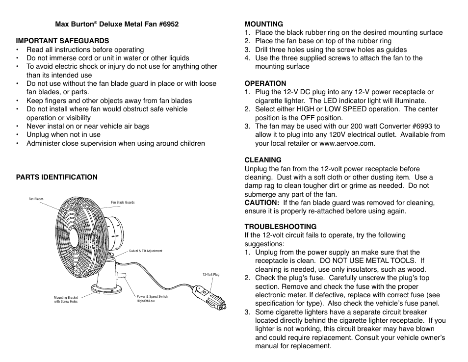 Aervoe Deluxe Metal Fan User Manual | 2 pages