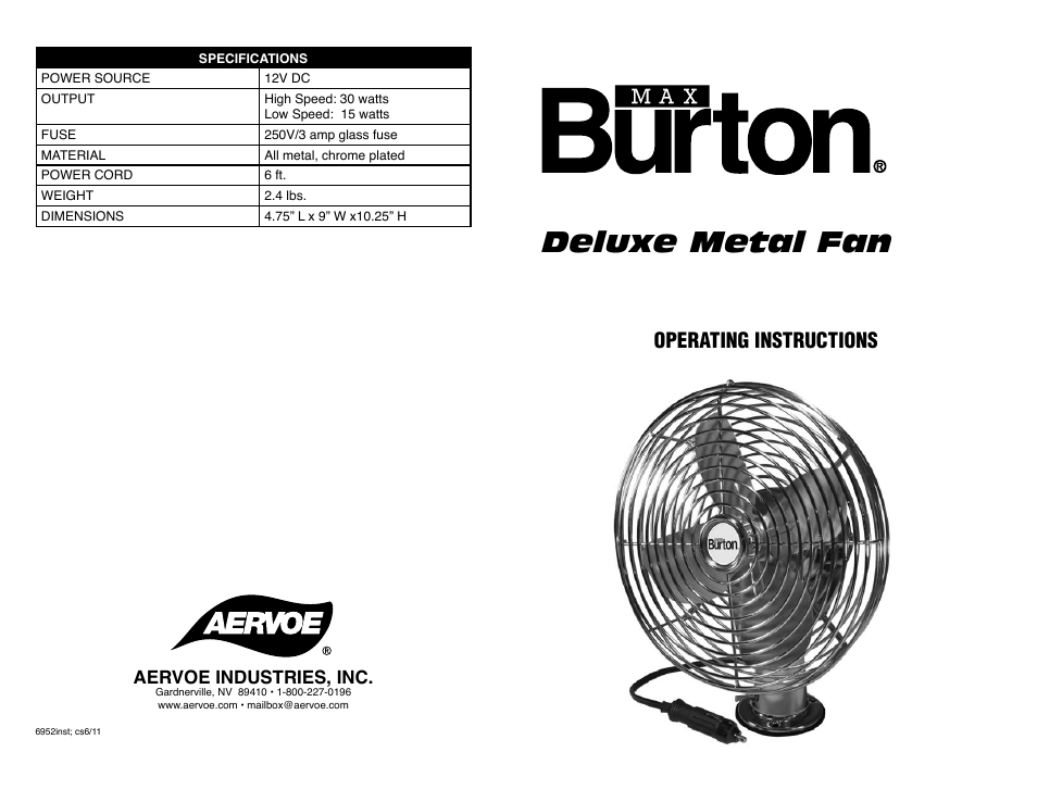 Deluxe metal fan, Operating instructions | Aervoe Deluxe Metal Fan User Manual | Page 2 / 2
