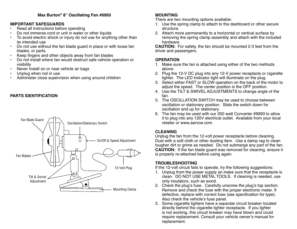 Aervoe 8-inch Oscillating Fan User Manual | 2 pages