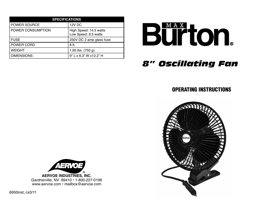 8” oscillating fan, Operating instructions | Aervoe 8-inch Oscillating Fan User Manual | Page 2 / 2