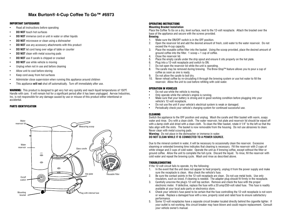 Aervoe 4-Cup Coffee To Go User Manual | 2 pages