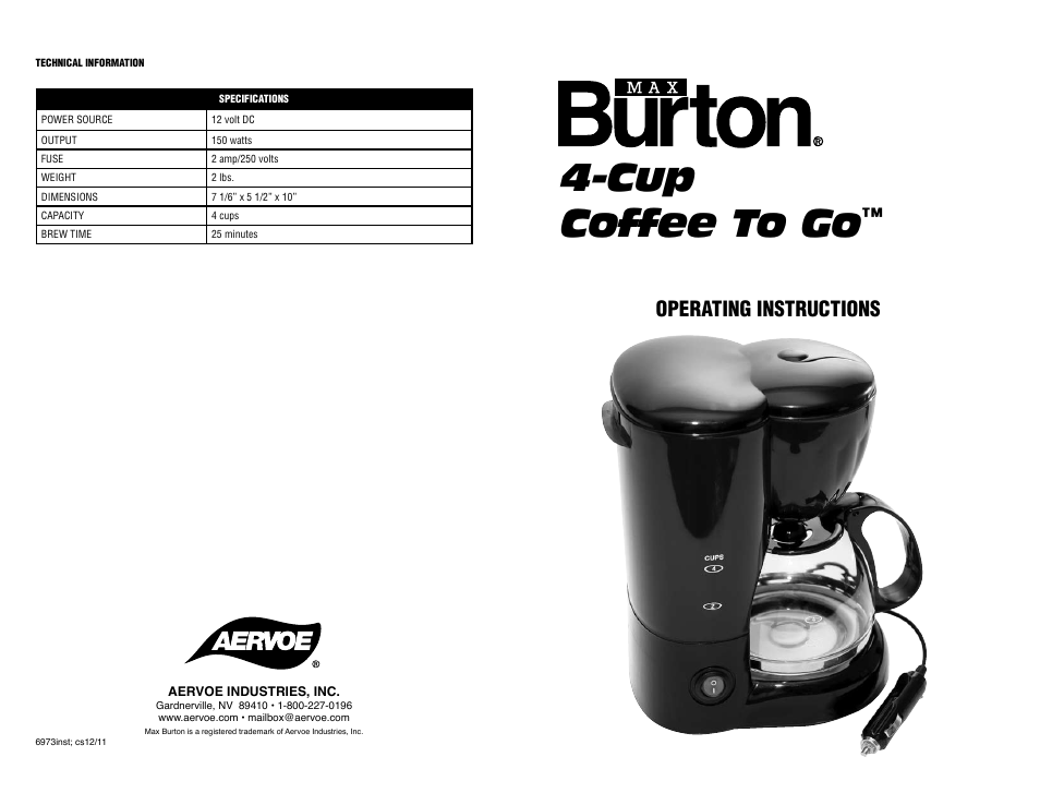 Cup coffee to go, Operating instructions | Aervoe 4-Cup Coffee To Go User Manual | Page 2 / 2