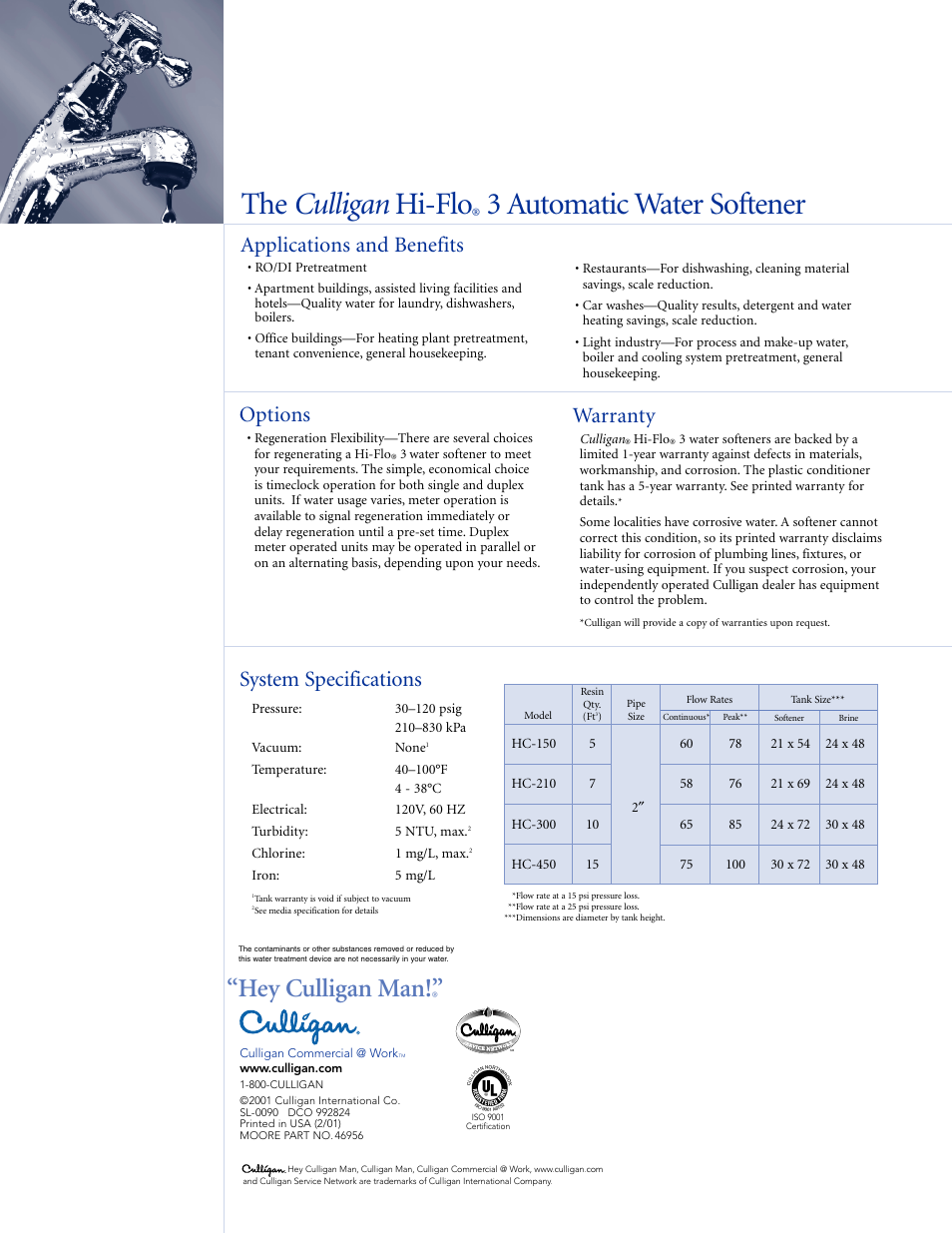 The culligan hi-flo, 3 automatic water softener, Hey culligan man | System specifications, Applications and benefits, Warranty, Options | Culligan Automatic Water Softeners User Manual | Page 2 / 9